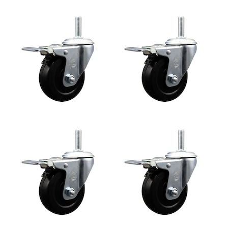 Service Caster 35 Inch Hard Rubber Swivel 34 Inch Threaded Stem Caster Set with Total Lock Brake SCC-TSTTL20S3514-HRS-34212-4